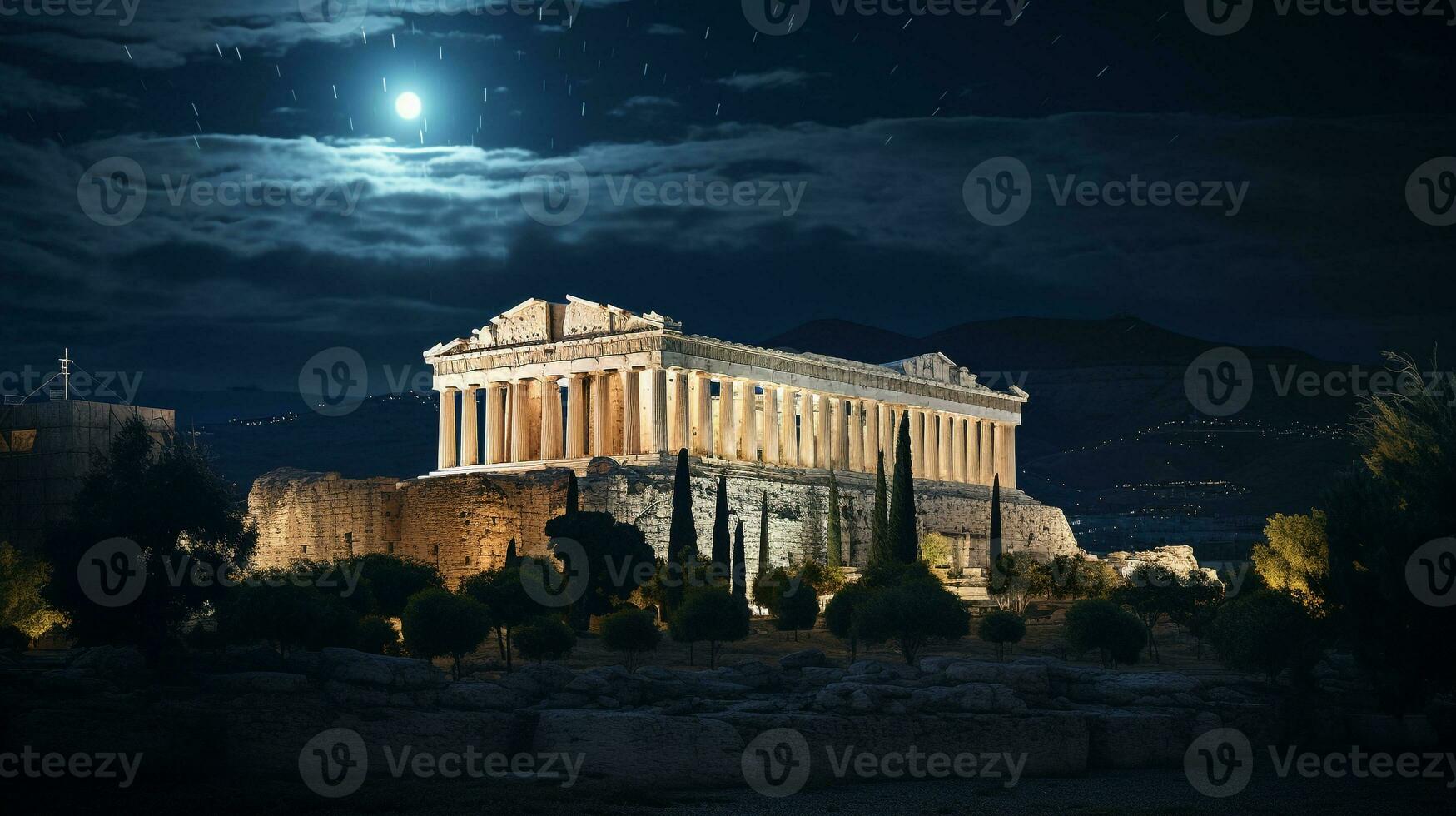 Night view of The Parthenon. Generative AI photo