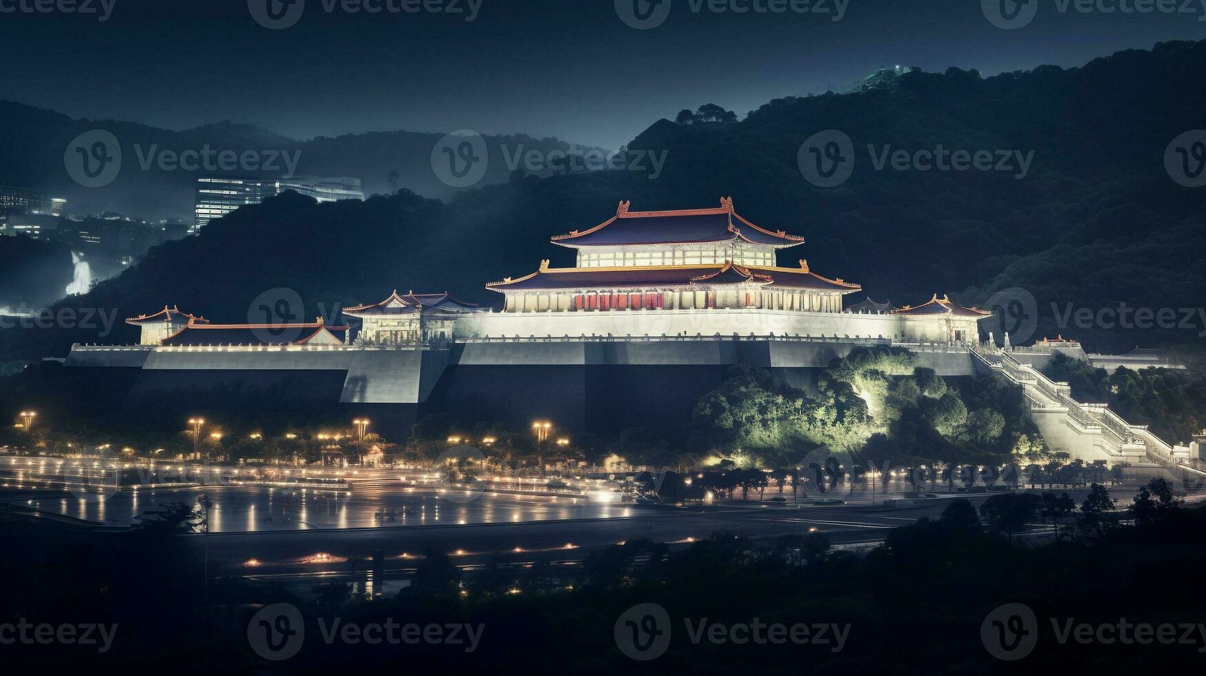 Night view of The National Palace Museum. Generative AI photo