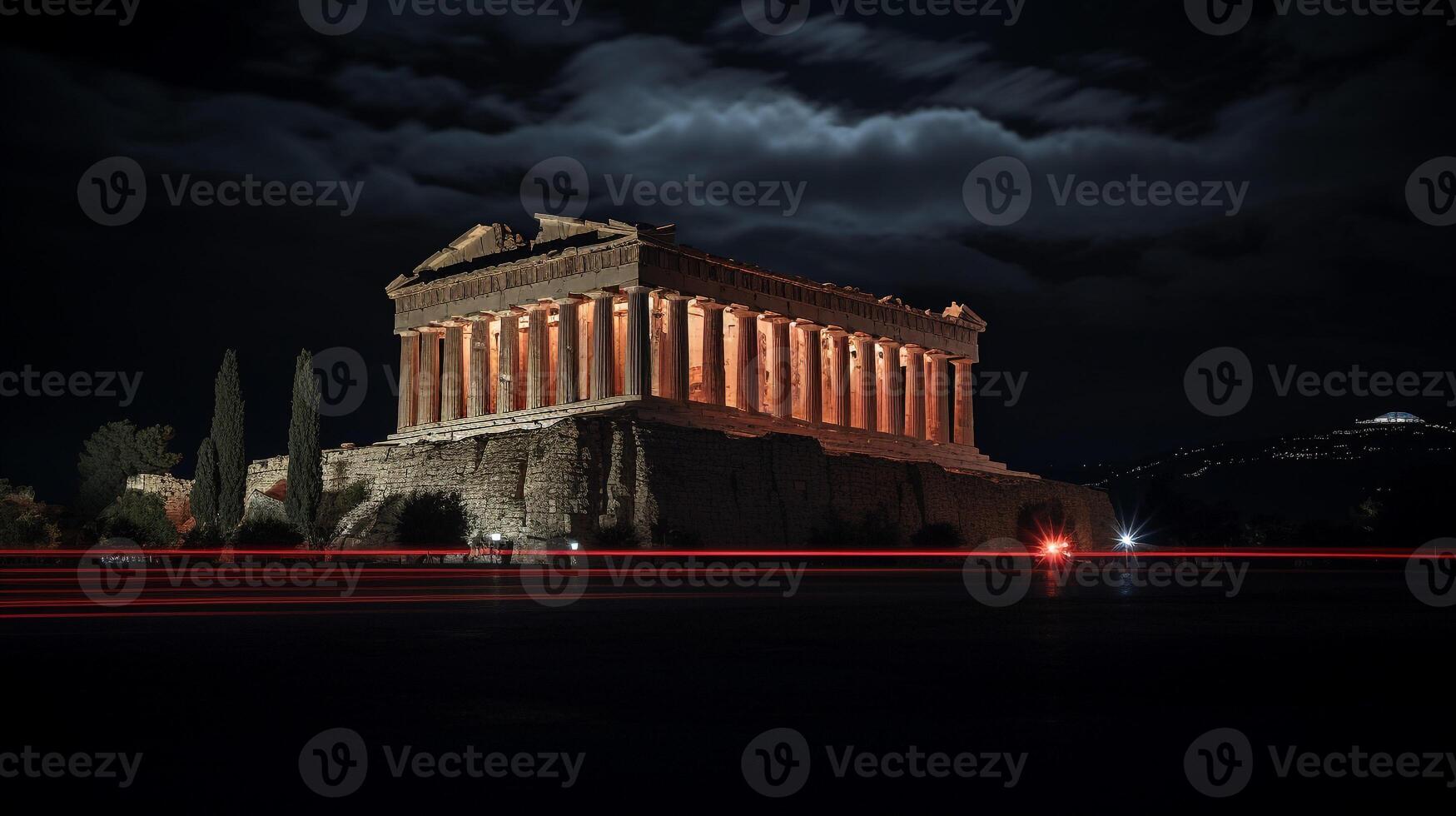 Night view of The Parthenon. Generative AI photo