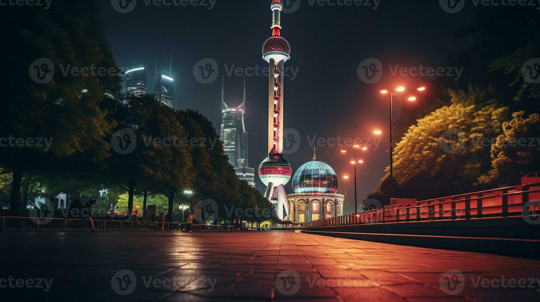Night view of The Oriental Pearl Tower. Generative AI photo