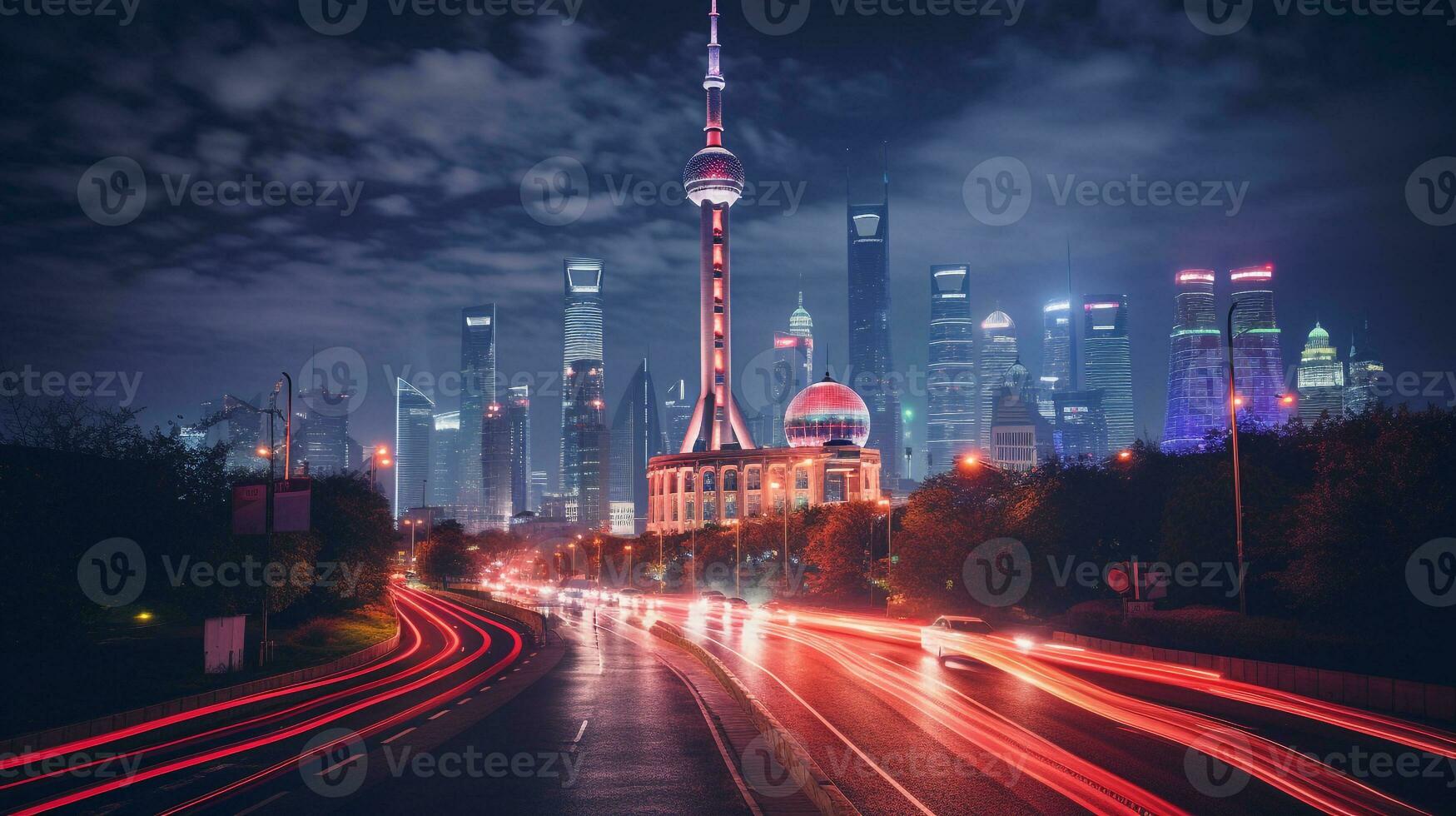 Night view of The Oriental Pearl Tower. Generative AI photo