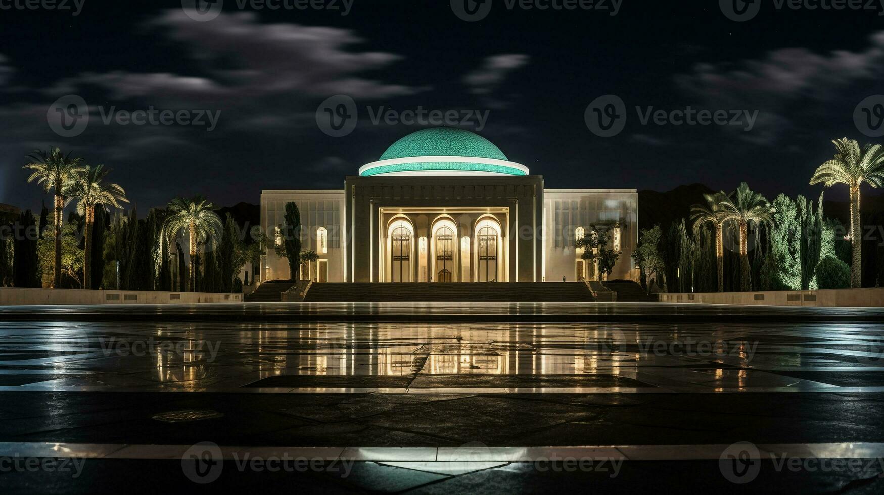 Night view of The Mausoleum of Mohammed V. Generative AI photo