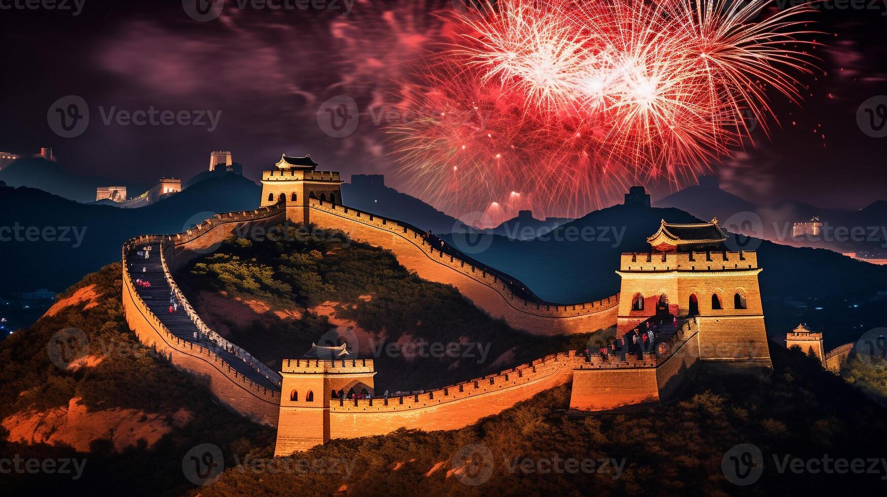 Night view of The Great Wall of China. Generative AI photo