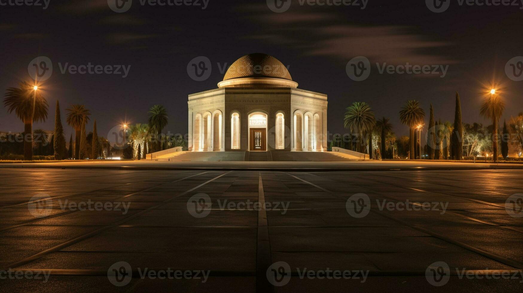 Night view of The Mausoleum of Mohammed V. Generative AI photo