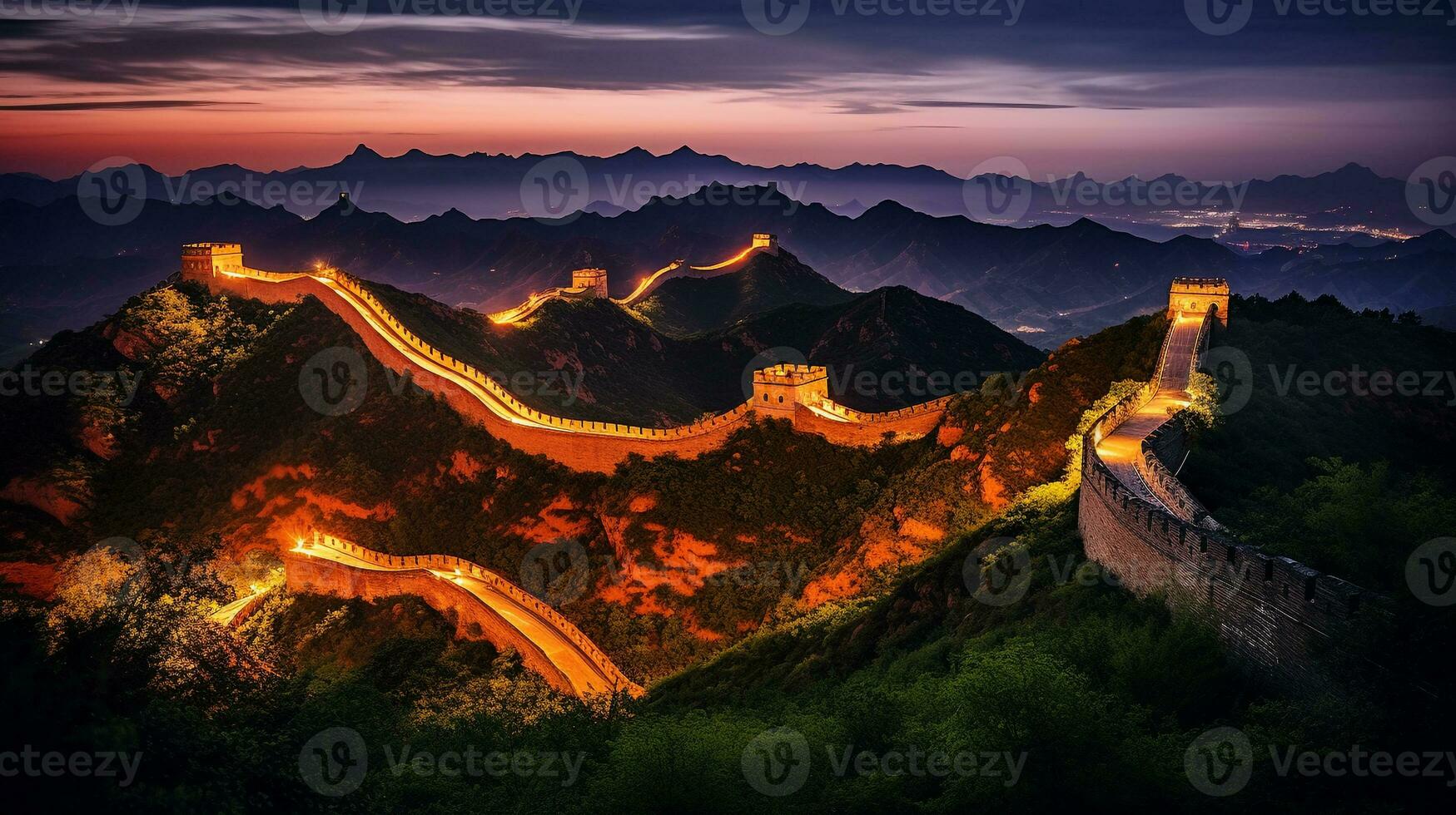 Night view of The Great Wall of China. Generative AI photo