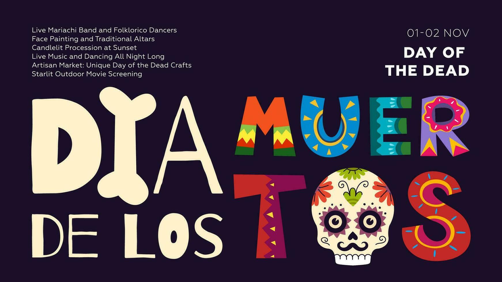 dia Delaware los muertos carnaval vector horizontal póster. mexicano día de el muerto nacional festival saludo tarjeta con vistoso letras y cráneo. mexico religioso noviembre fiesta volantes diseño modelo