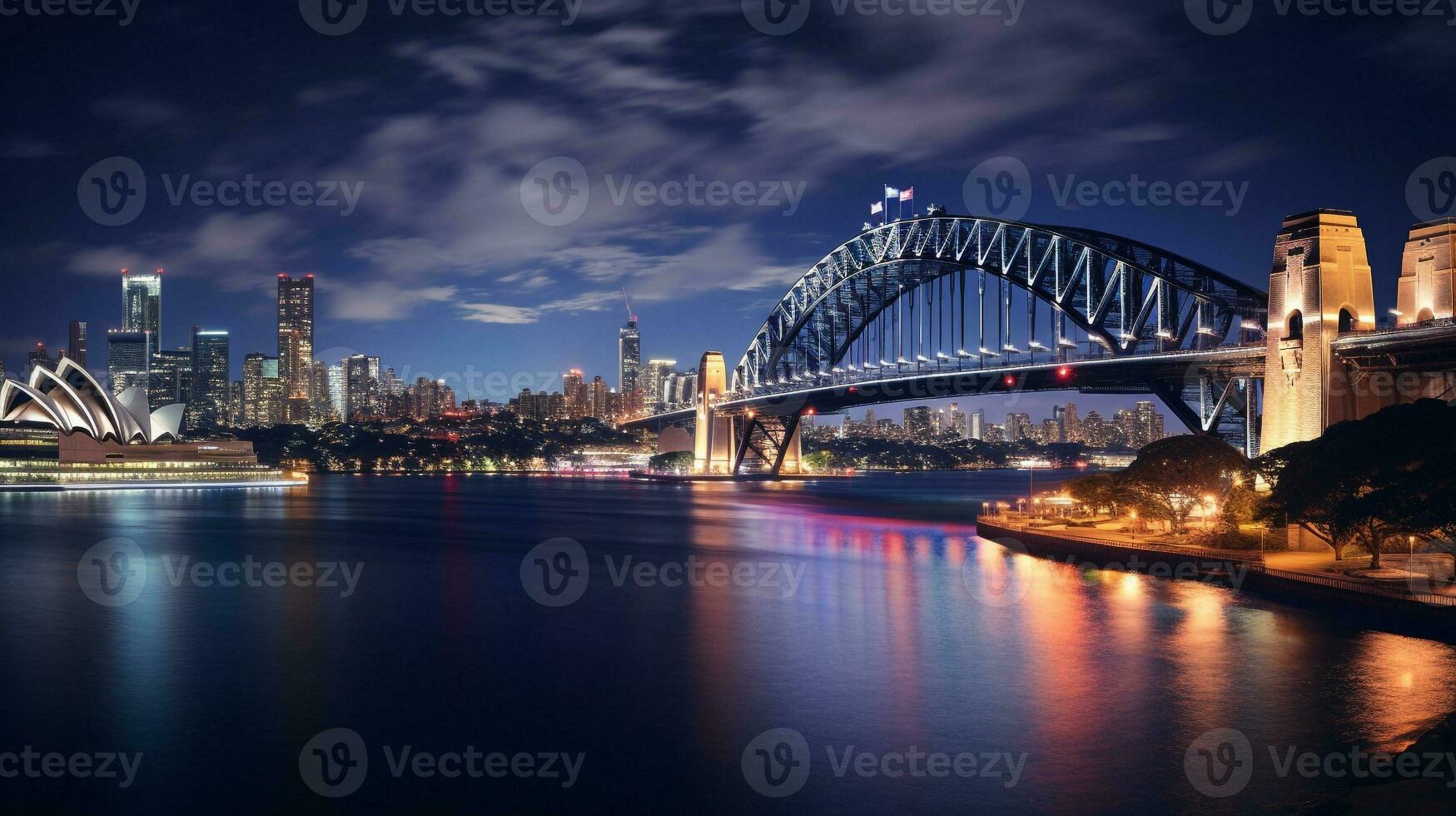 Night view of Sydney Harbour Bridge. Generative AI photo