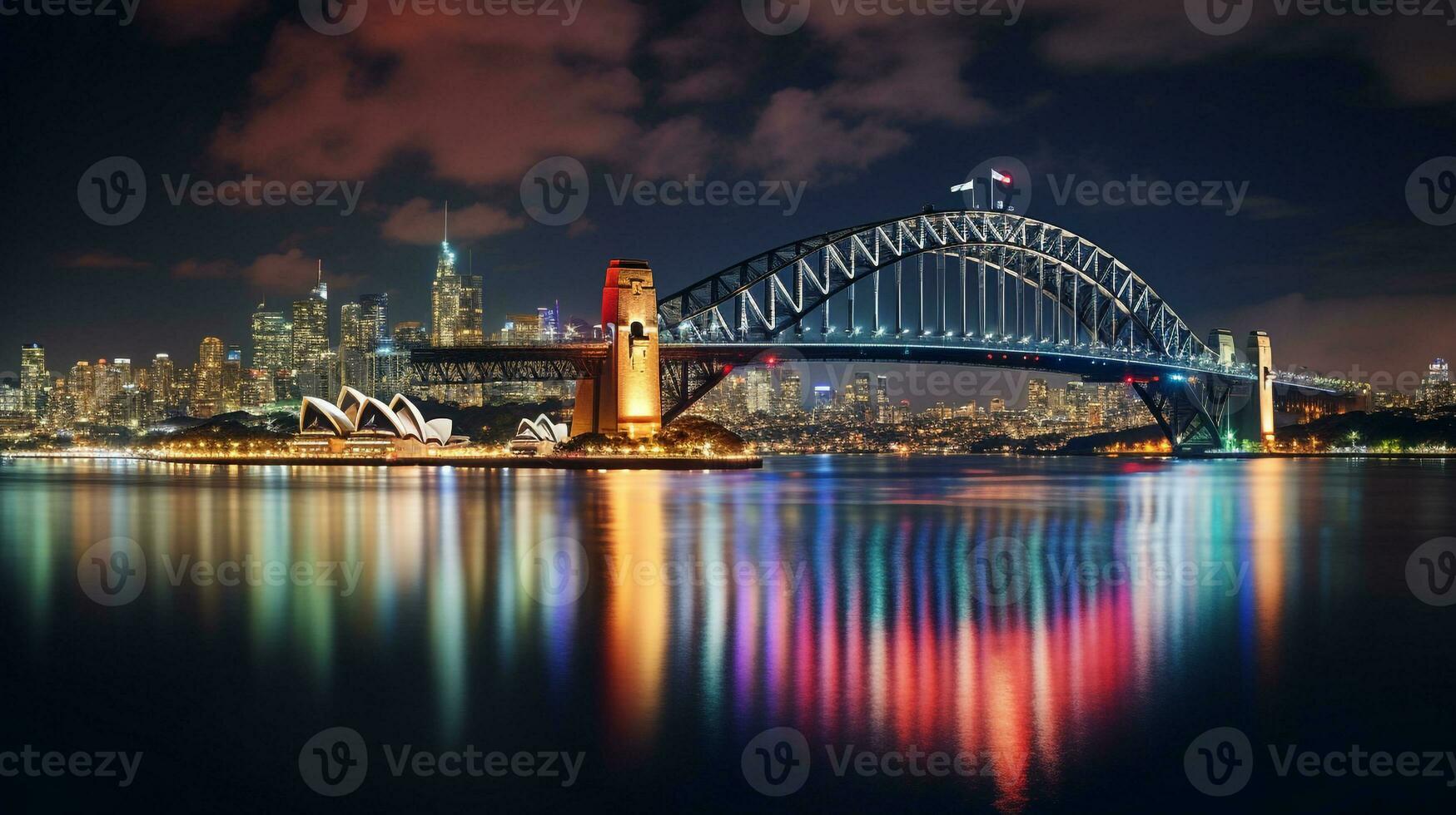 Night view of Sydney Harbour Bridge. Generative AI photo