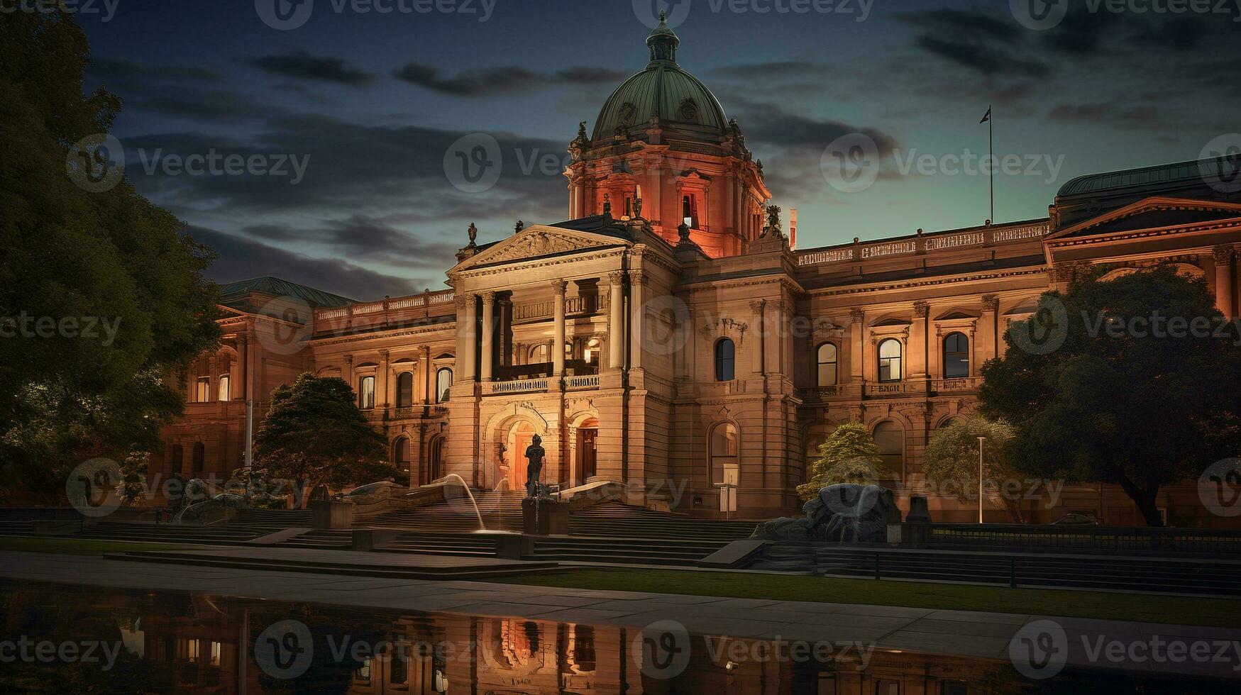 Night view of State Library of Victoria. Generative AI photo