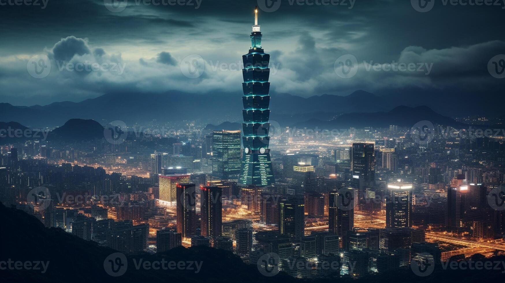 Night view of Taipei 101. Generative AI photo