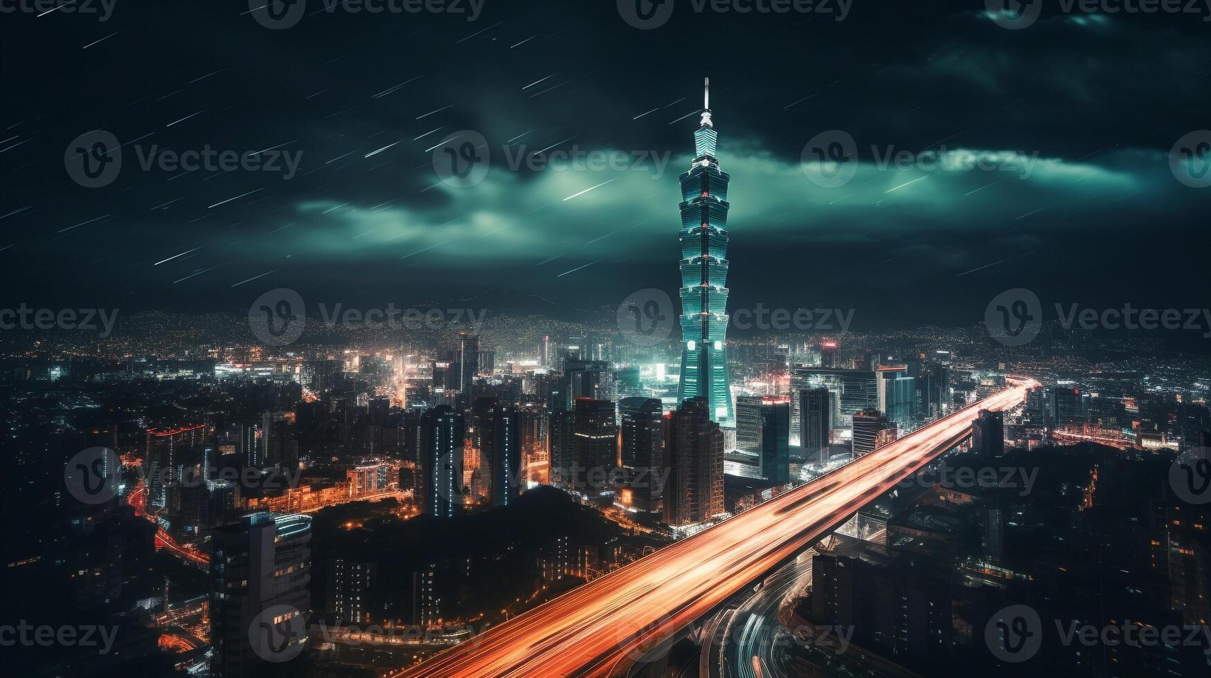 Night view of Taipei 101. Generative AI photo