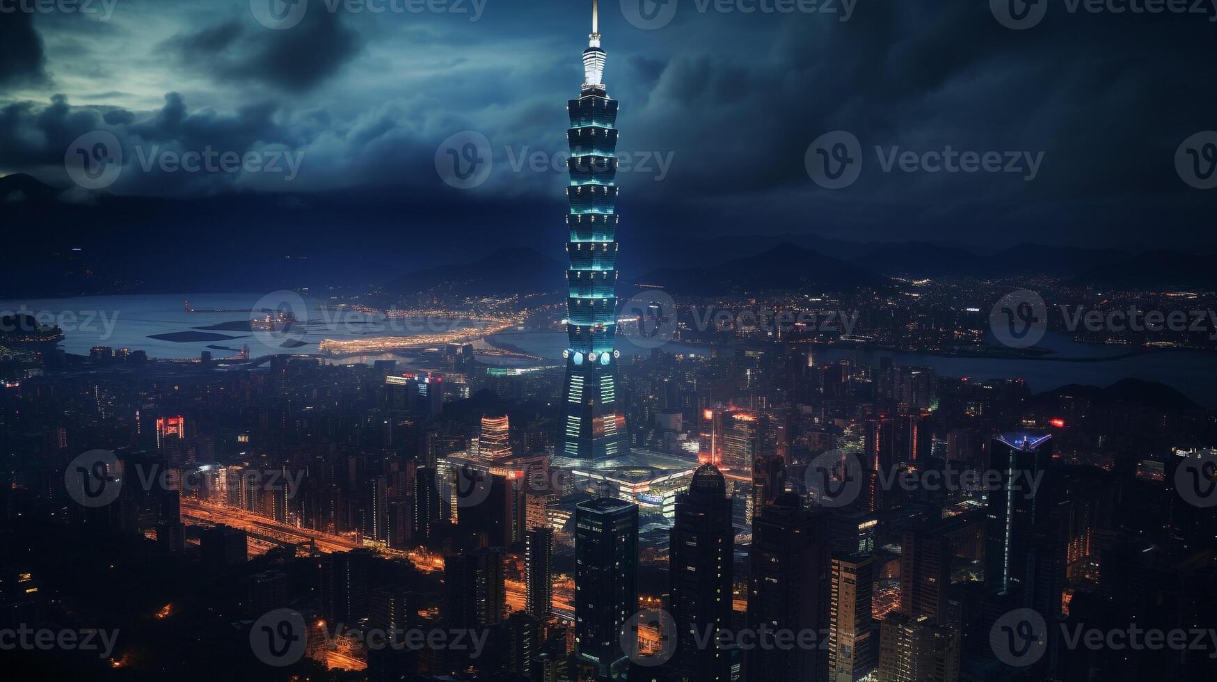 Night view of Taipei 101. Generative AI photo