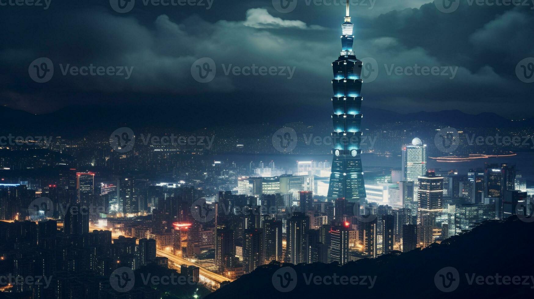 Night view of Taipei 101. Generative AI photo