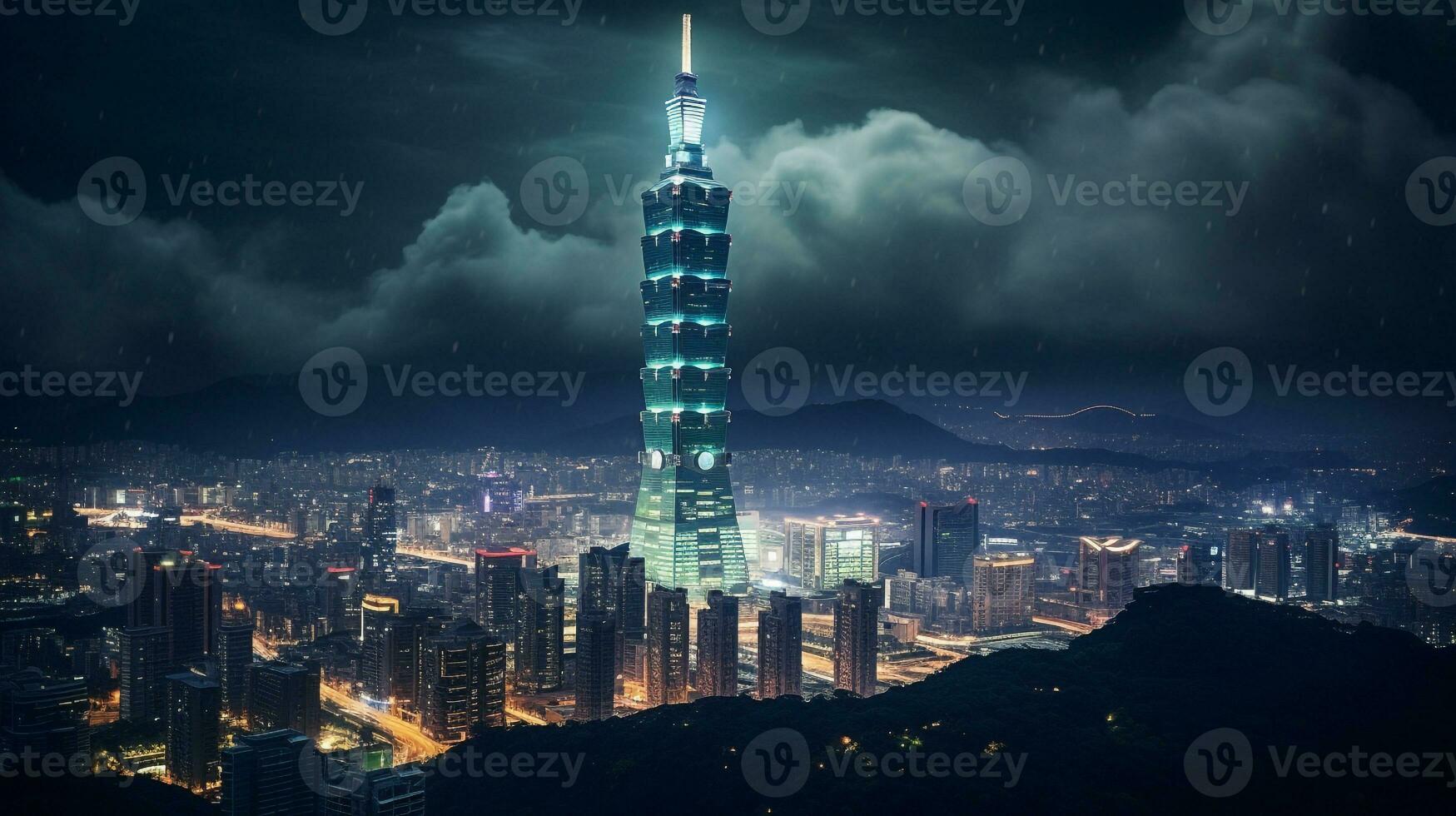 Night view of Taipei 101. Generative AI photo