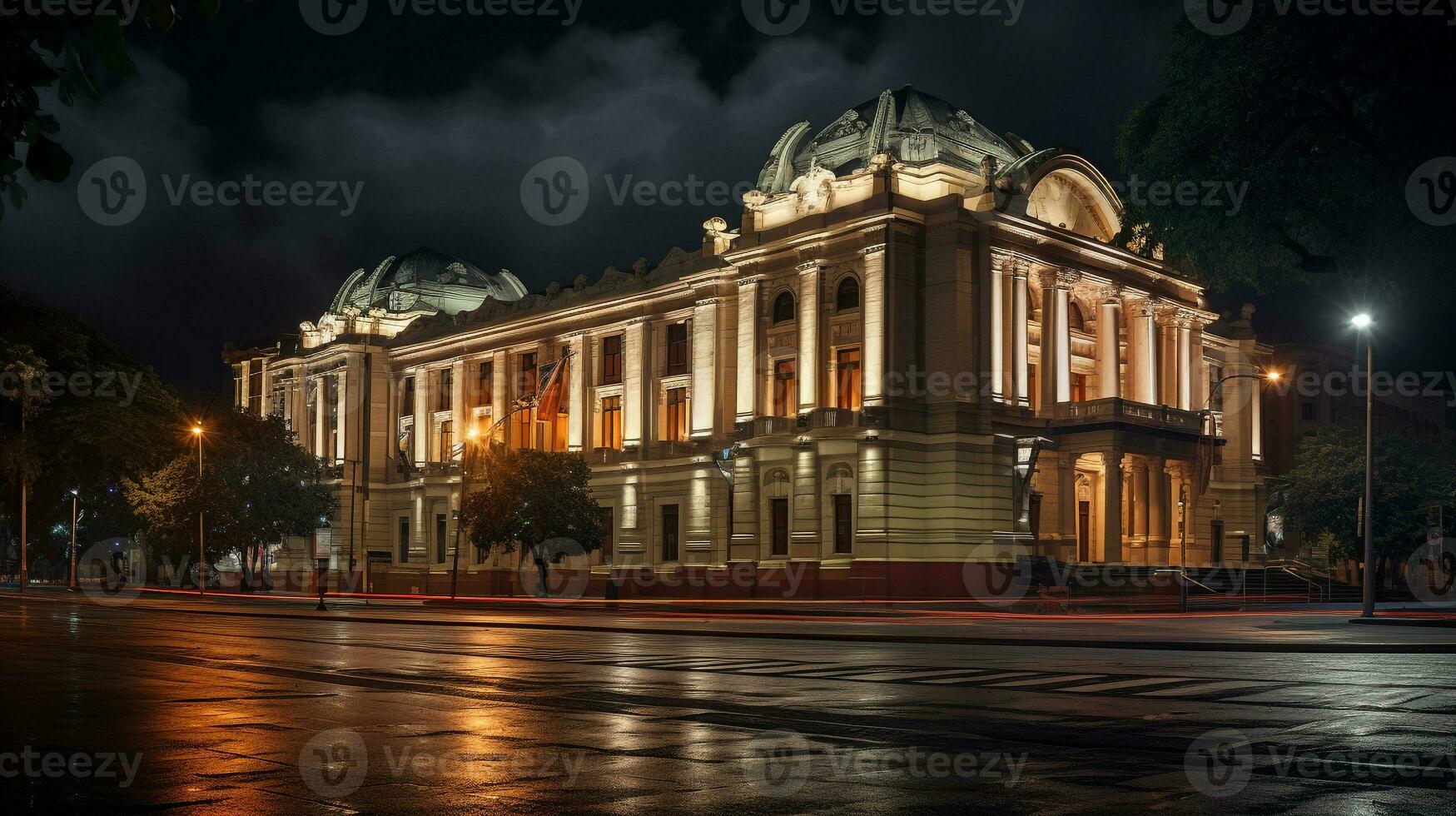 Night view of Teatro Amazonas. Generative AI photo