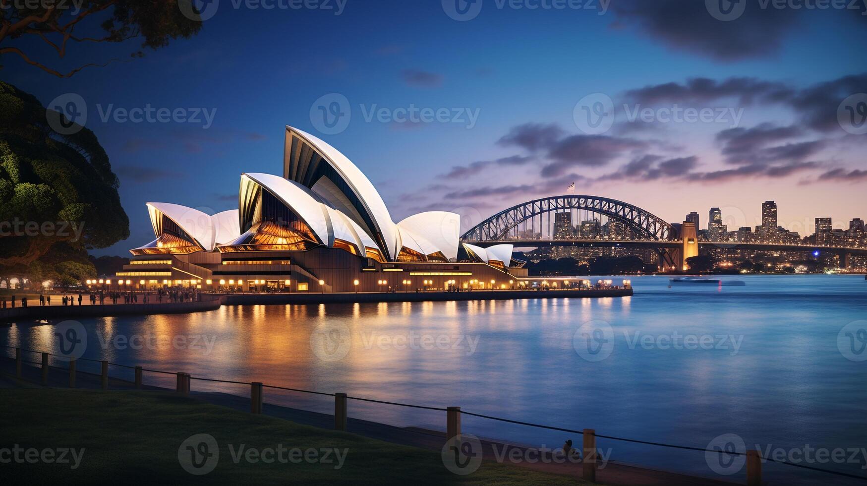 Night view of Sydney Opera House. Generative AI photo