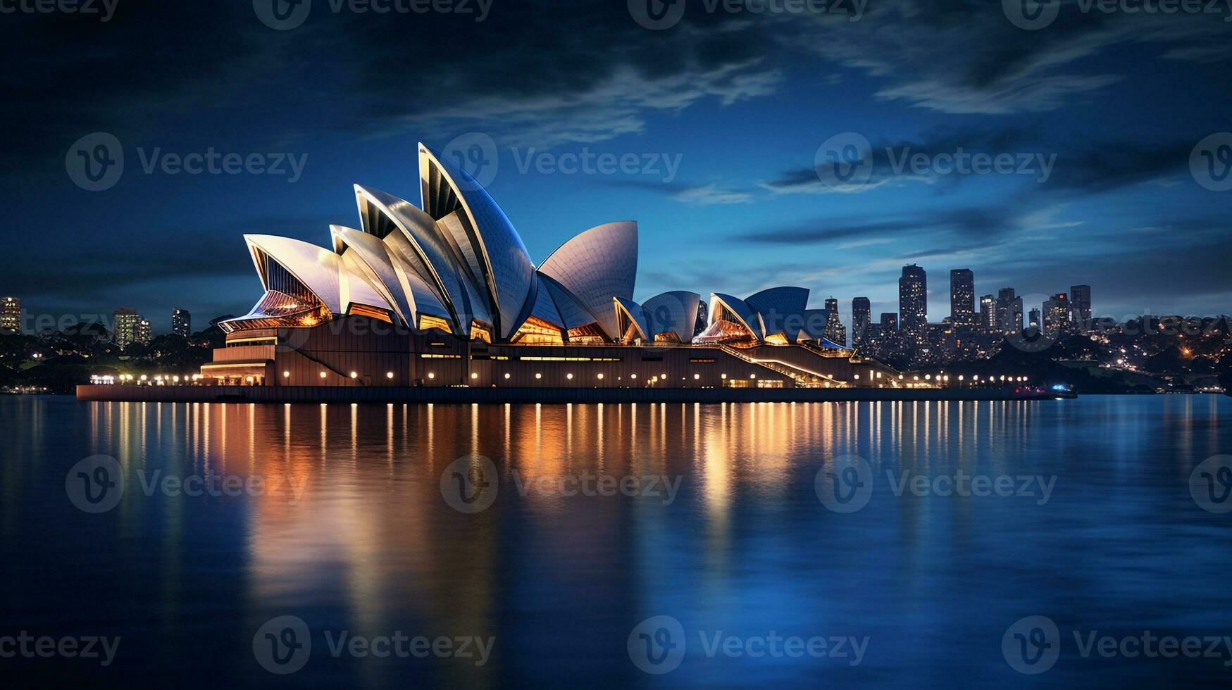 Night view of Sydney Opera House. Generative AI photo