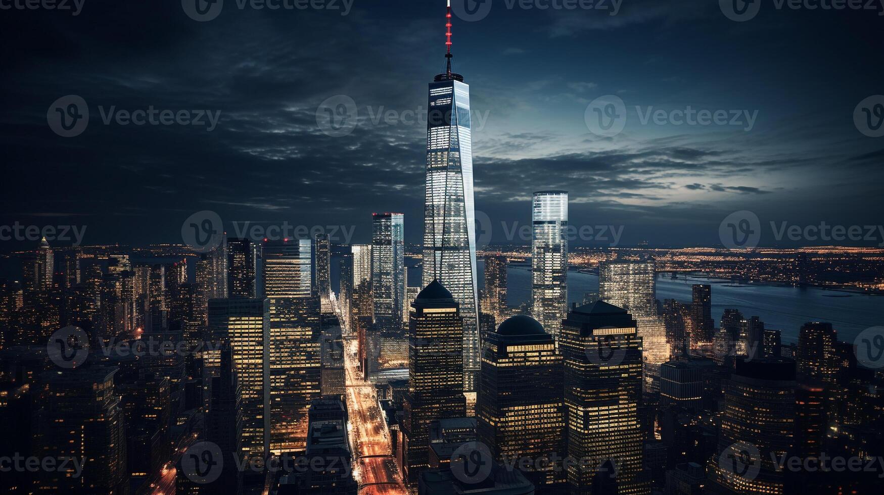 Night view of One World Trade Center. Generative AI photo