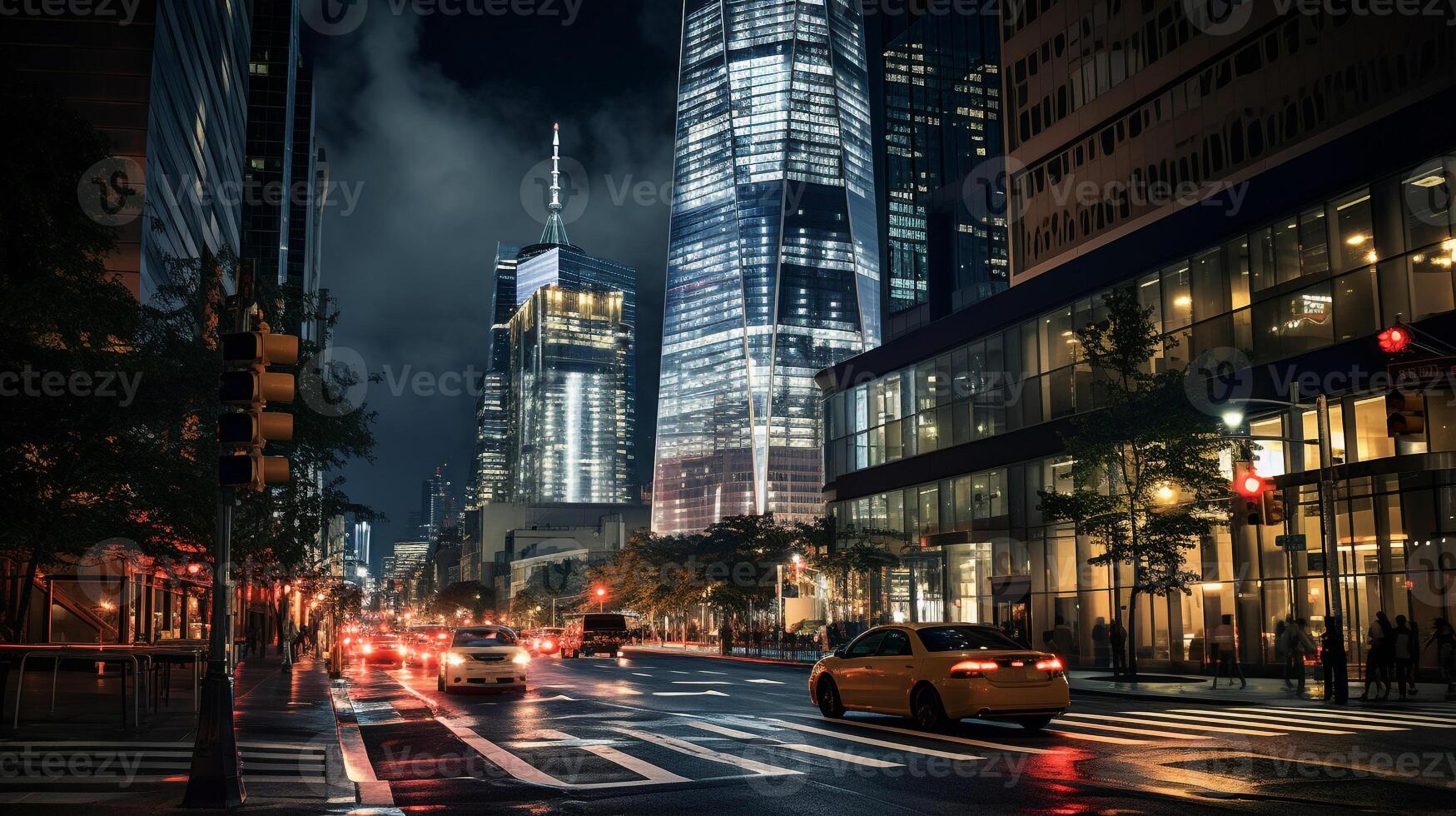 Night view of One World Trade Center. Generative AI photo