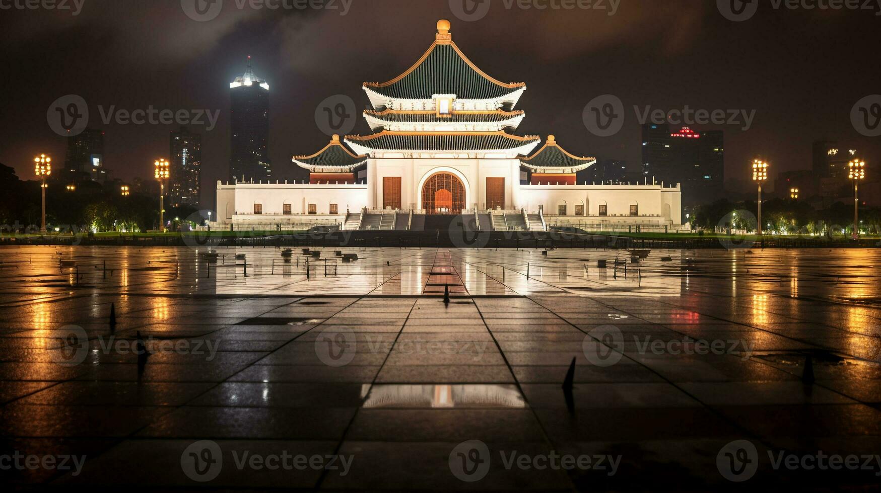 Night view of National Chiang Kai-shek Memorial Hall. Generative AI photo