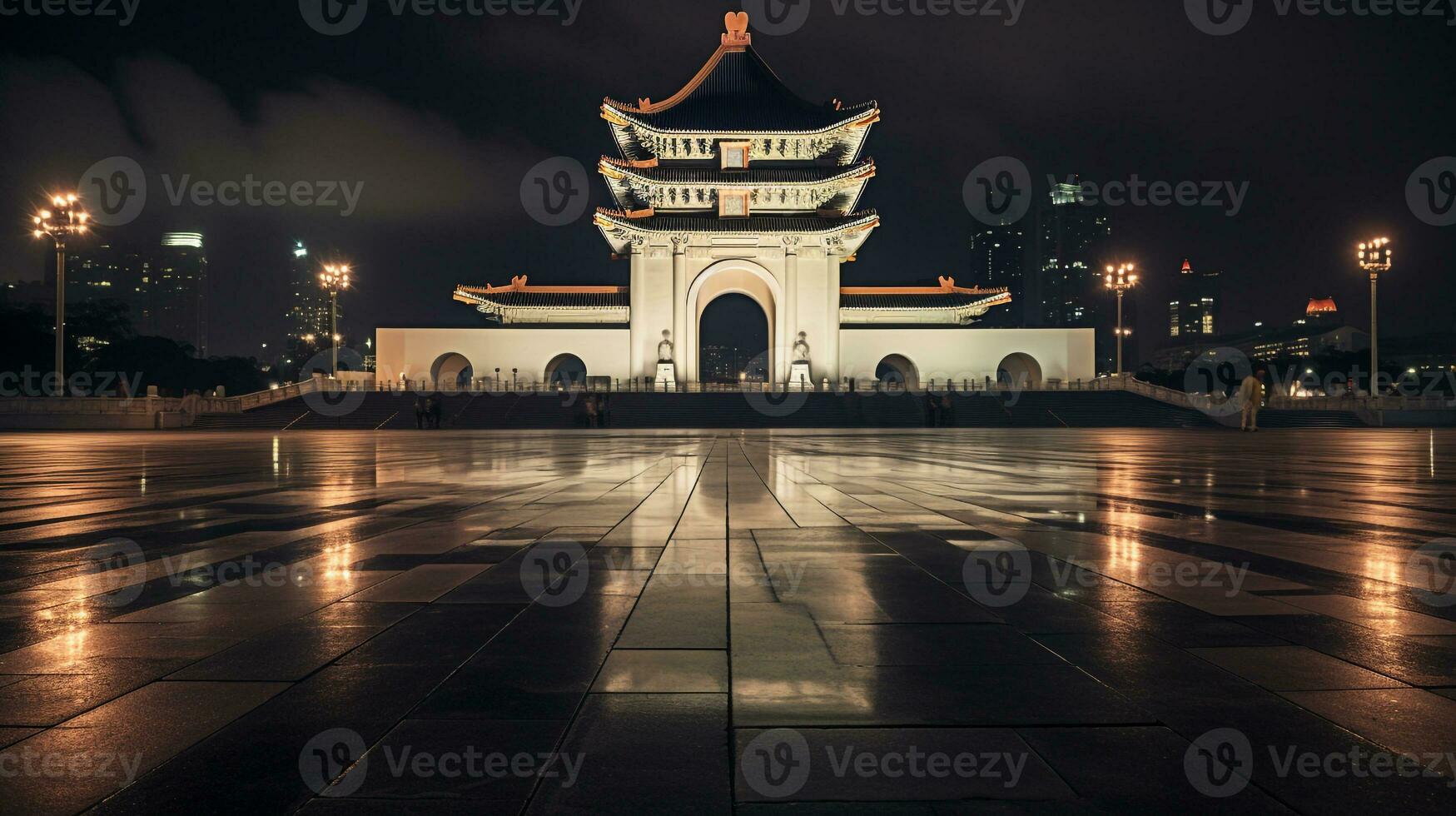 Night view of National Chiang Kai-shek Memorial Hall. Generative AI photo