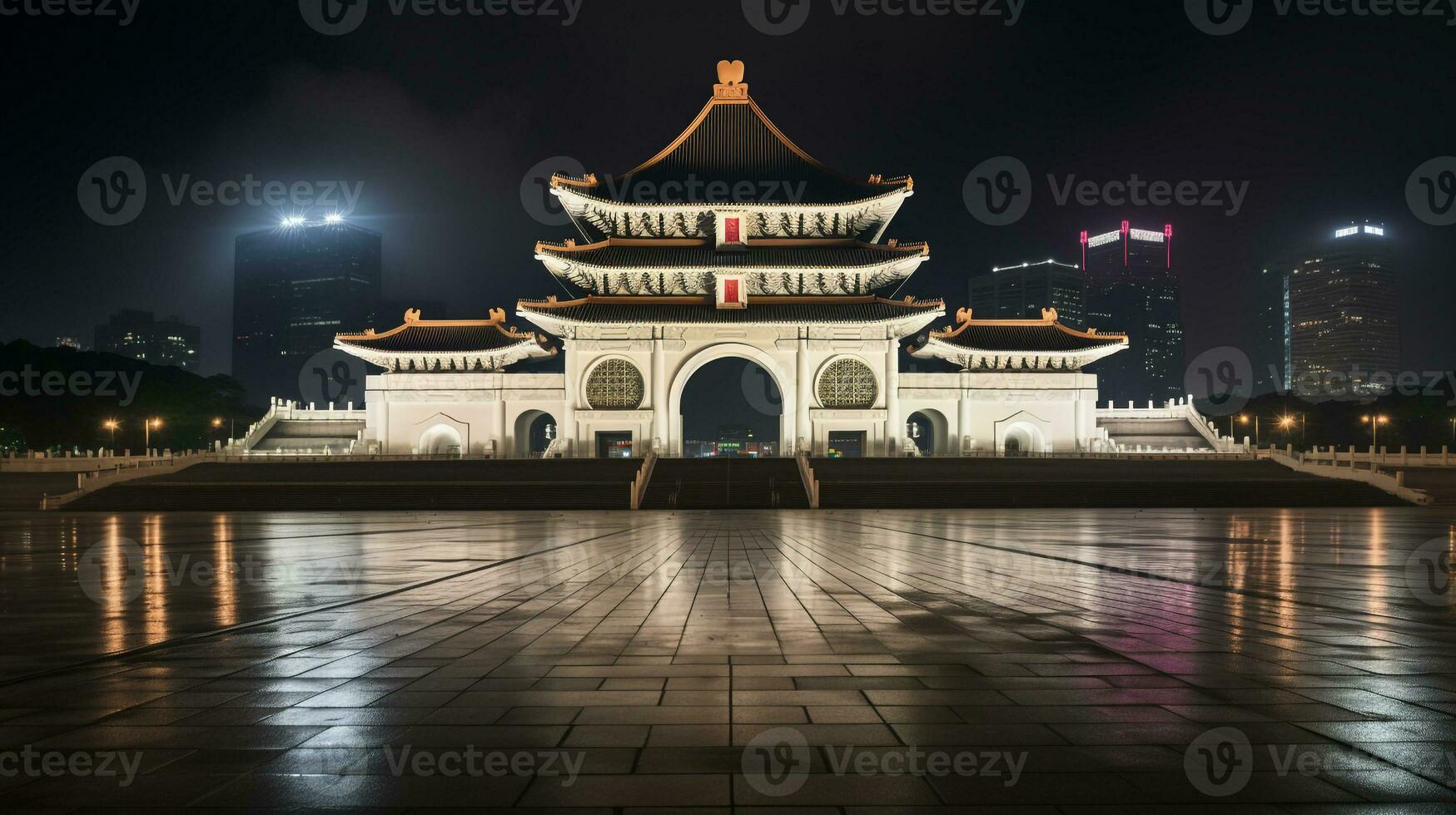 Night view of National Chiang Kai-shek Memorial Hall. Generative AI photo