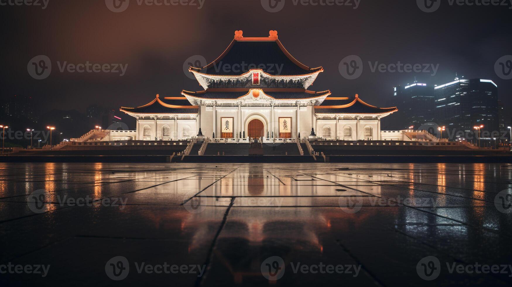 Night view of National Chiang Kai-shek Memorial Hall. Generative AI photo