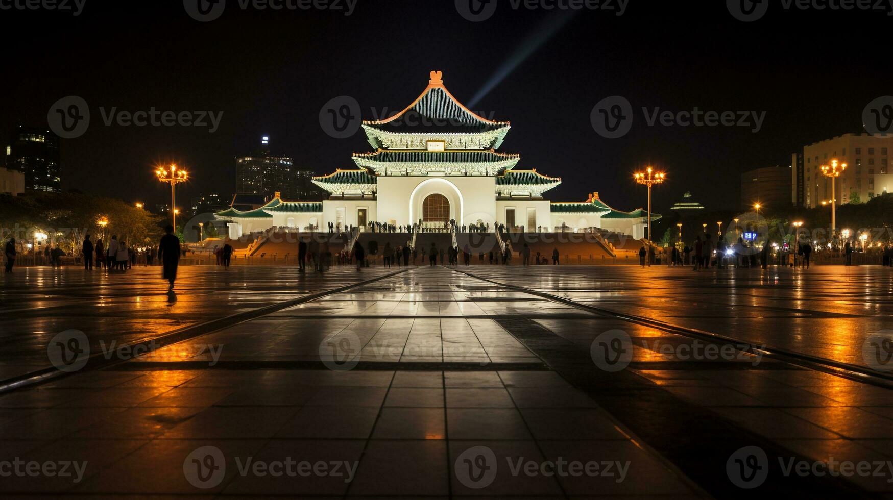 Night view of National Chiang Kai-shek Memorial Hall. Generative AI photo