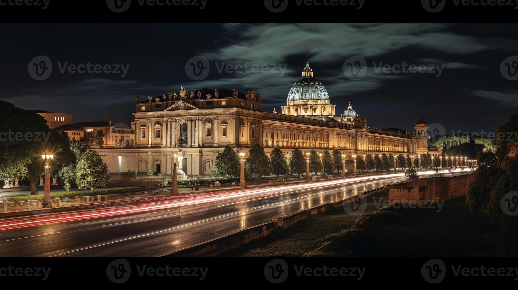 Night view of Vatican Museums. Generative AI photo