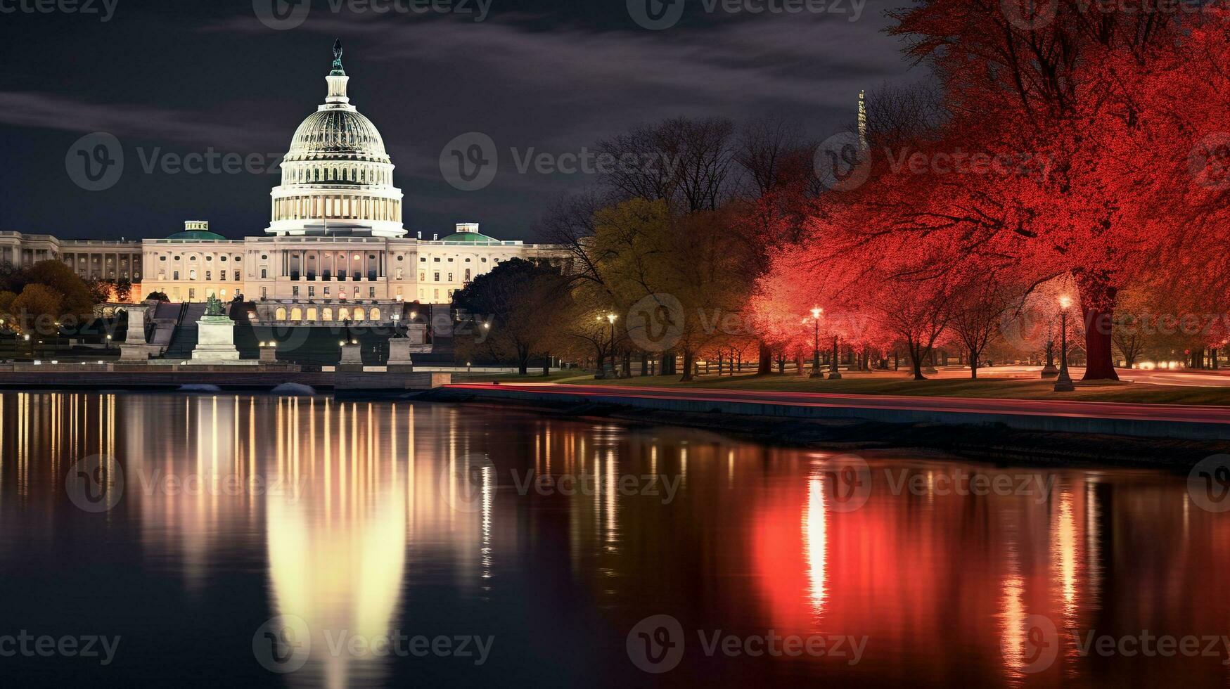 Night view of United States Capitol. Generative AI photo