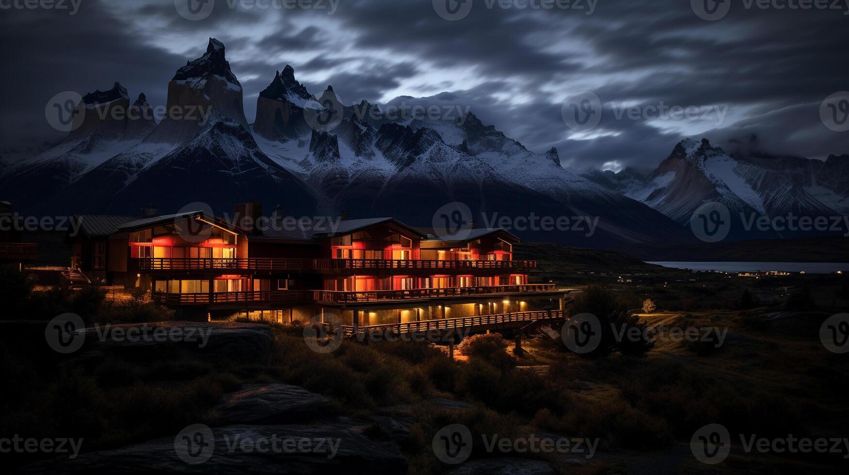 noche ver de torres del paine hotel. generativo ai foto