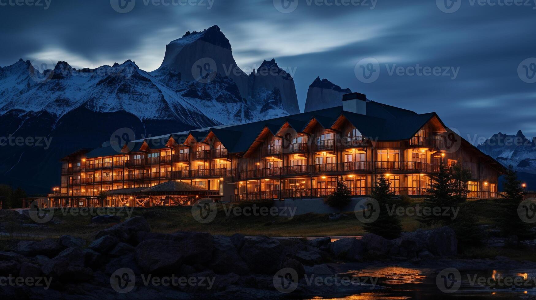 noche ver de torres del paine hotel. generativo ai foto