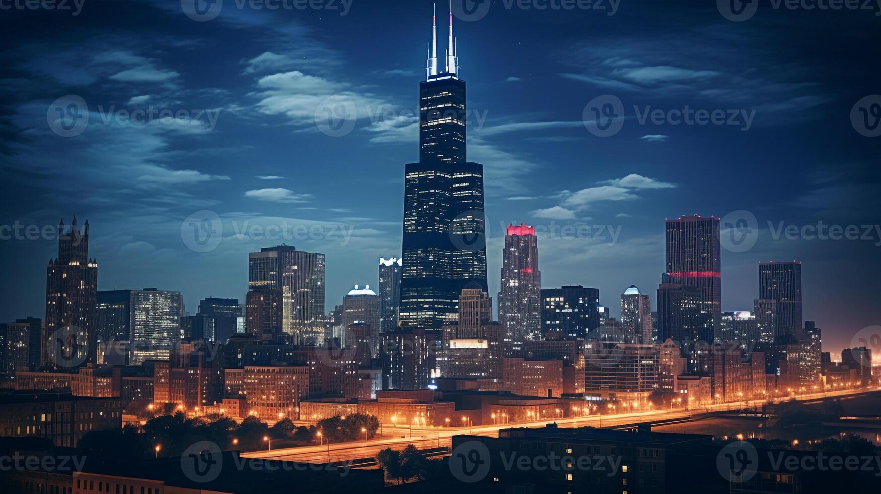 Night view of Willis Tower - formerly Sears Tower. Generative AI photo