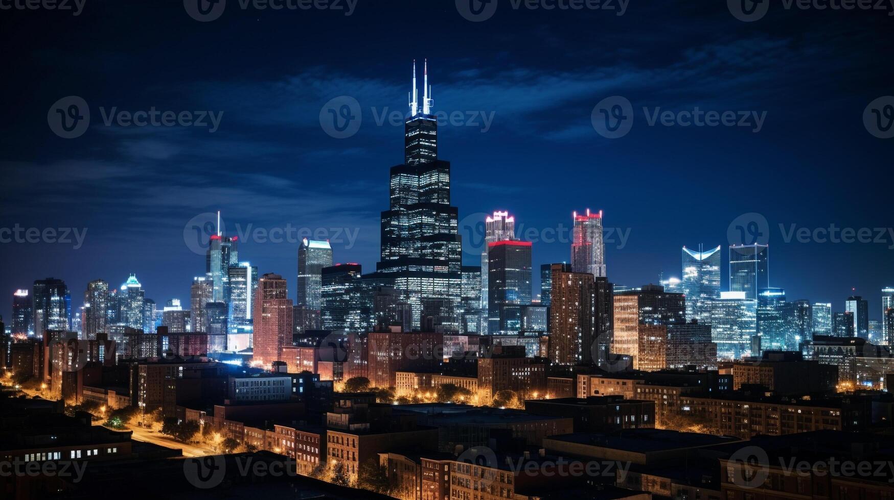 Night view of Willis Tower - formerly Sears Tower. Generative AI photo