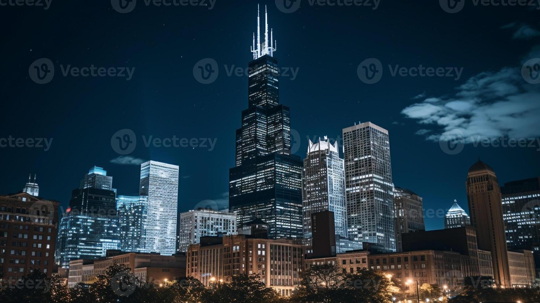 Night view of Willis Tower - formerly Sears Tower. Generative AI photo