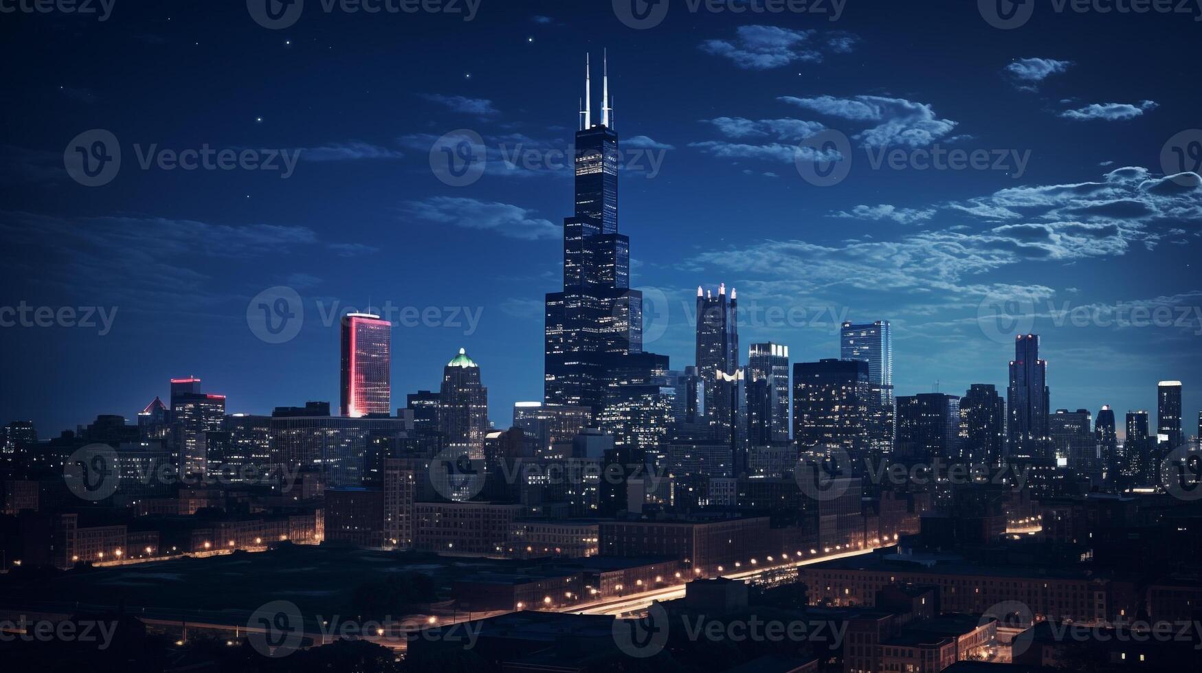 Night view of Willis Tower - formerly Sears Tower. Generative AI photo