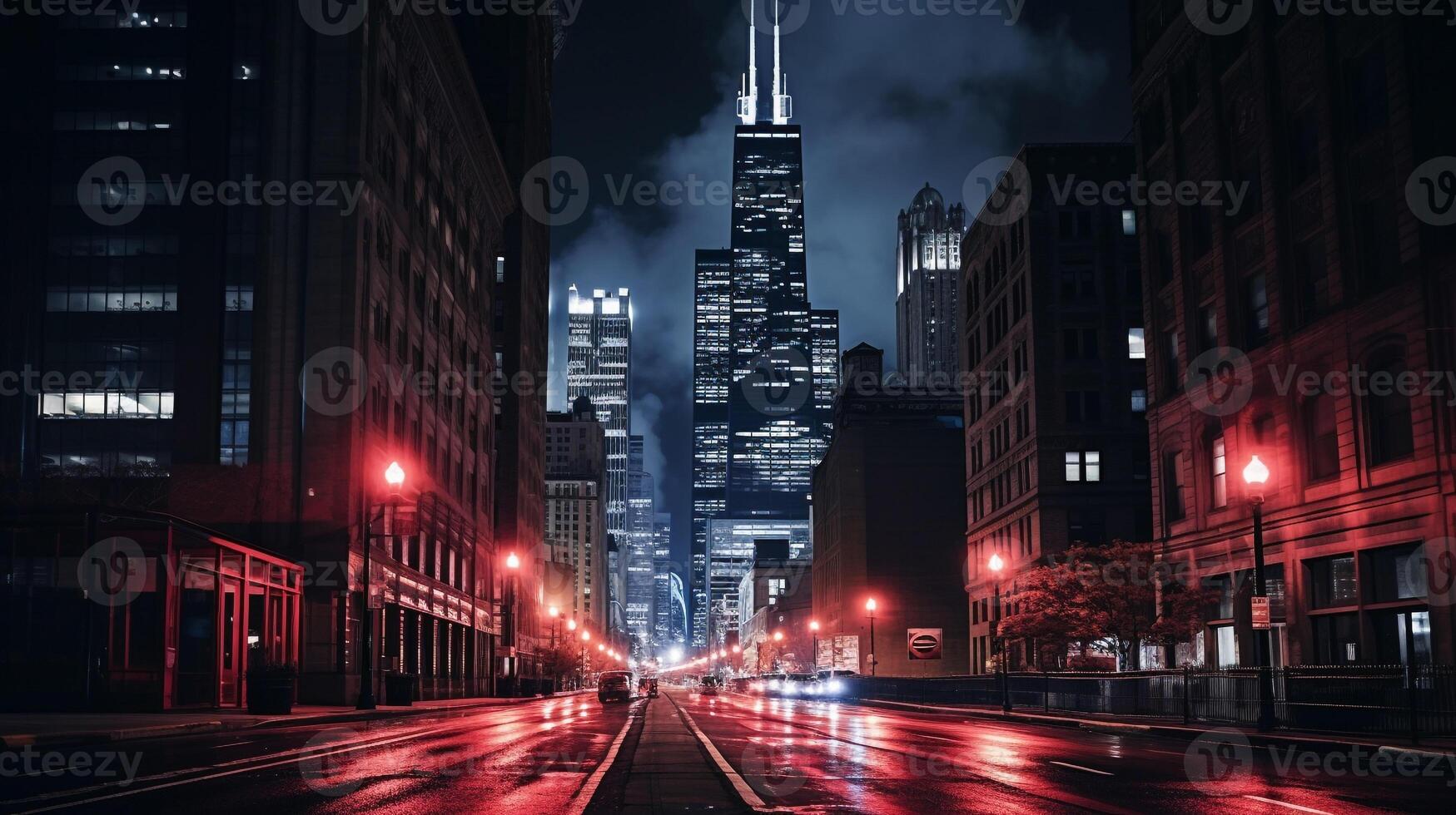 Night view of Willis Tower - formerly Sears Tower. Generative AI photo