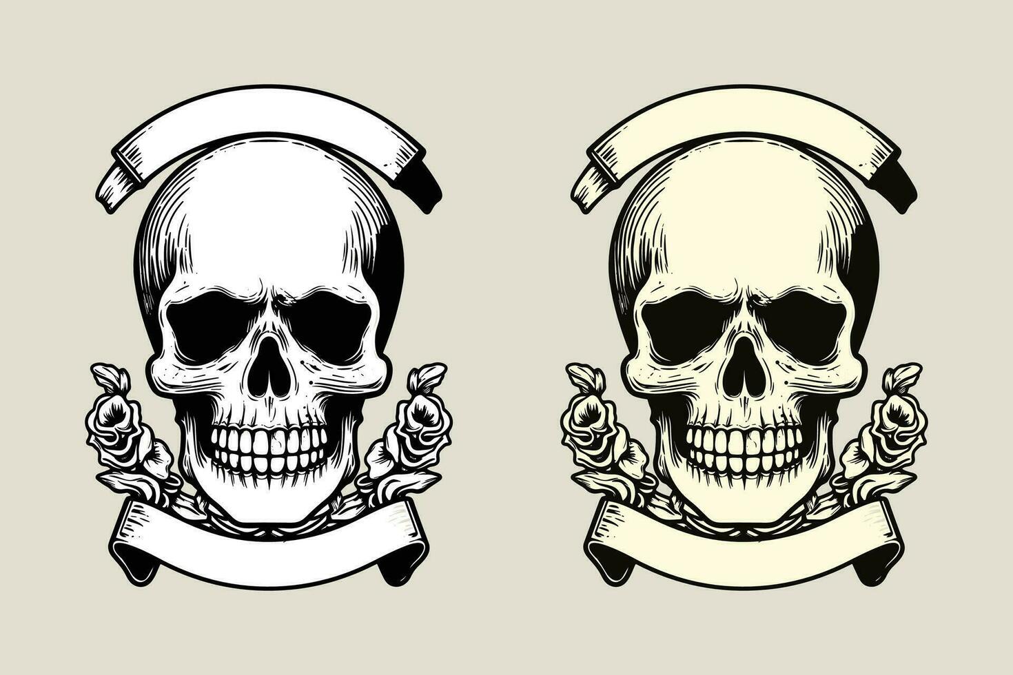 Black Skulls and roses vector and label on Isolated white background, coloring pages for adults