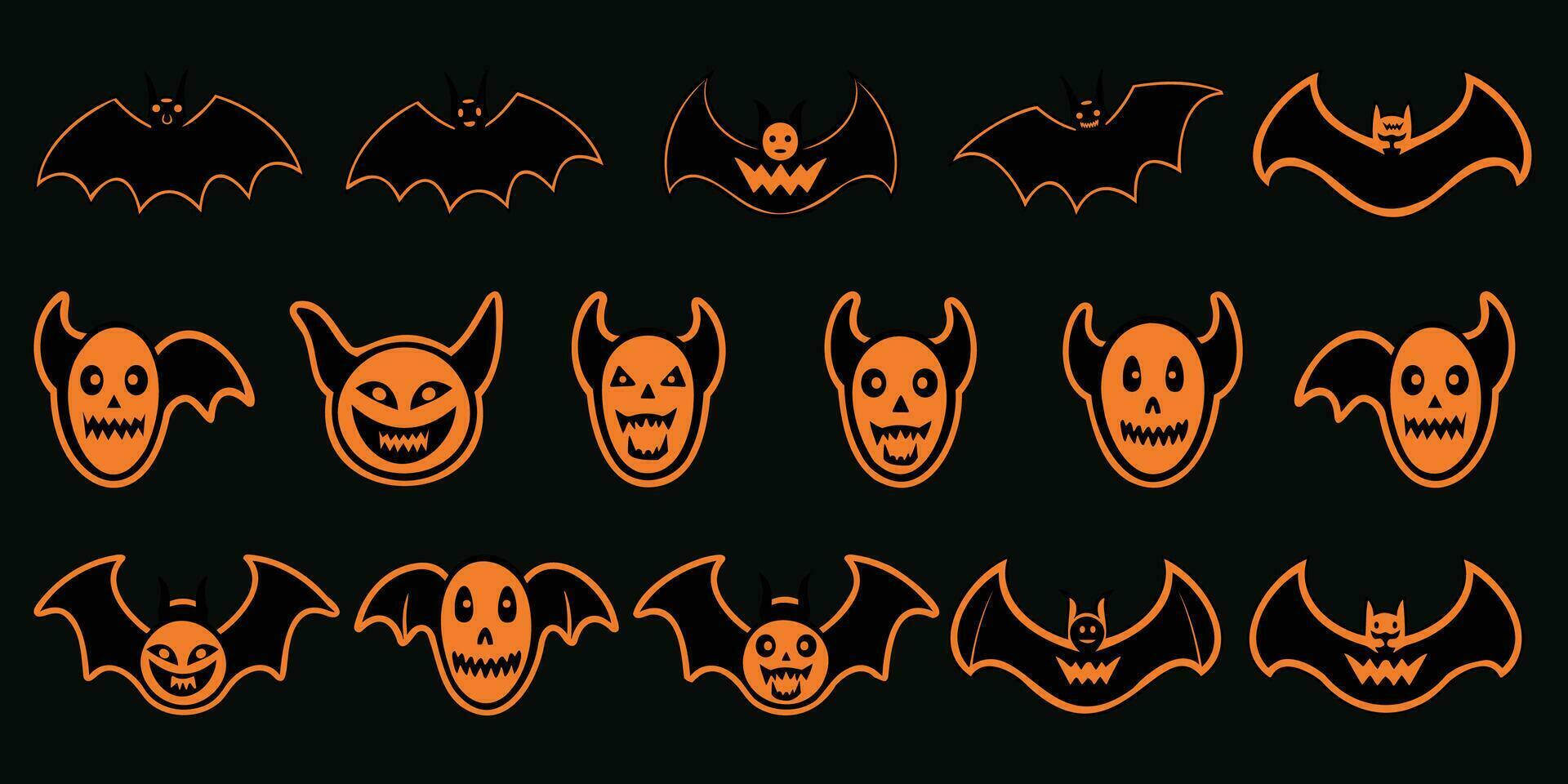 Set of orange Ghost Bats silhouette on black background halloween scary concept vector