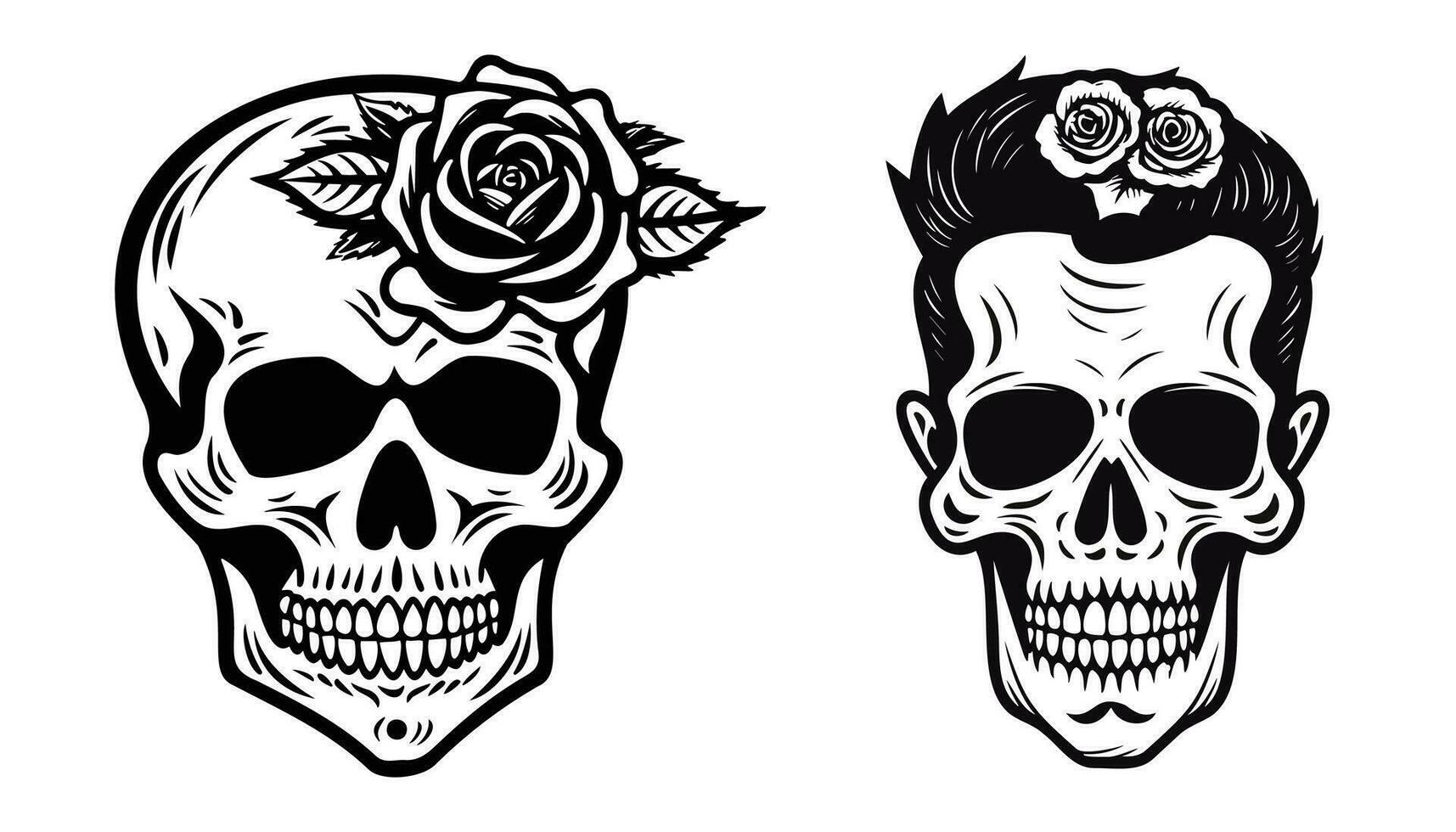 Black Skulls and roses vector illustration on Isolated white background, coloring pages for adults