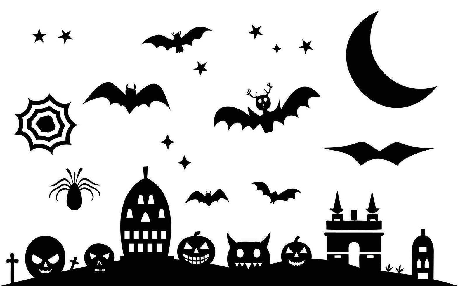 Collection of Happy Halloween silhouettes, pumpkin, bat, trees vector