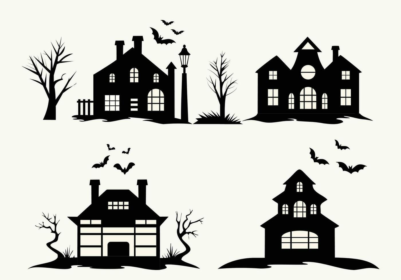 Set of black silhouette castle skyline with chapel houses trees and bats black and white vector