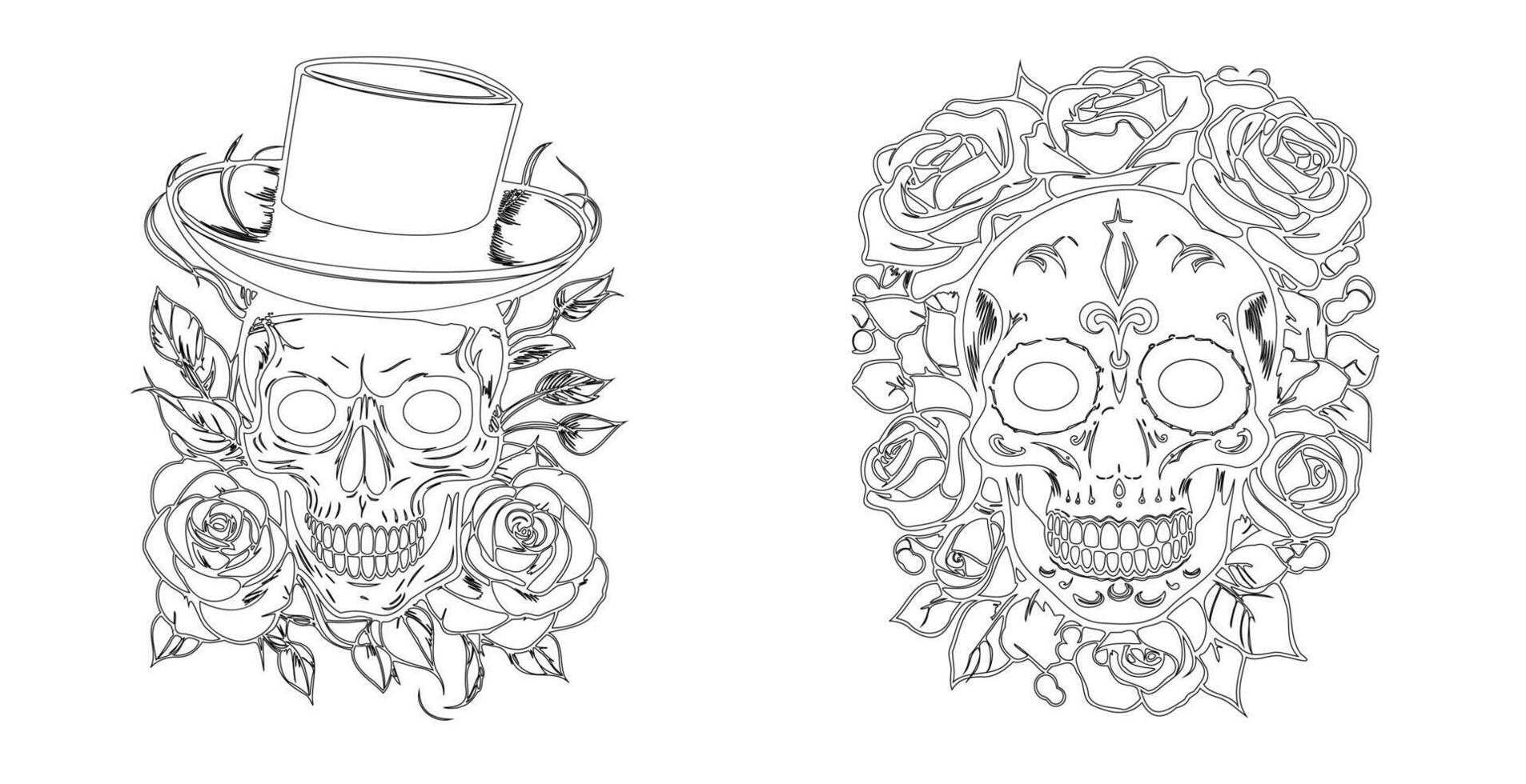 negro calaveras y rosas vector ilustración en aislado blanco fondo, colorante paginas para adultos