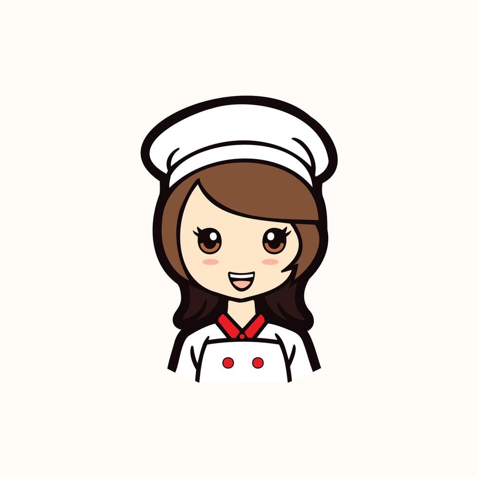 linda y alegre cocinero un dibujos animados vector de cocinero mujer con un blanco sombrero y uniforme