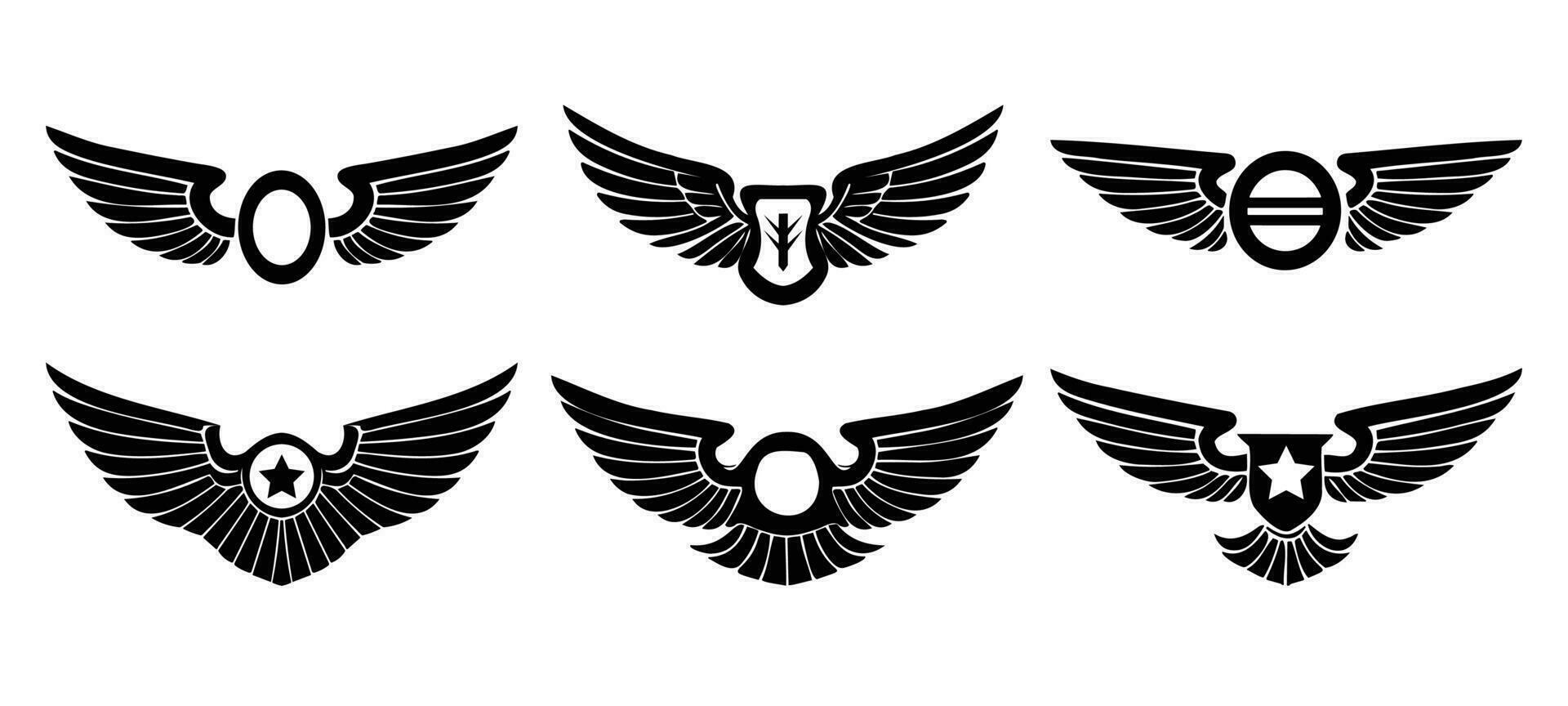 Set of black wings icons. Wings badges. Wings silhouette design elements vector