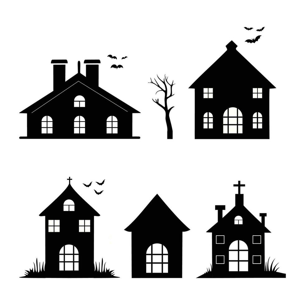 Set of black silhouette castle skyline with chapel houses trees and bats black and white vector