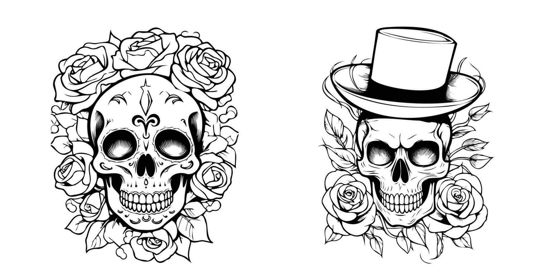 Black Skulls and roses vector illustration on Isolated white background, coloring pages for adults