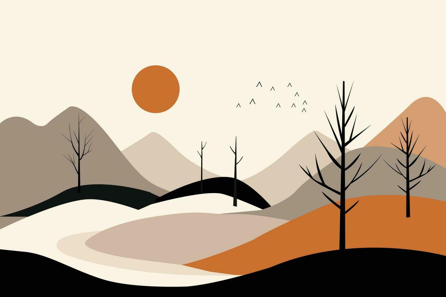 lake retro minimalist monochromatic color palette mountains vector