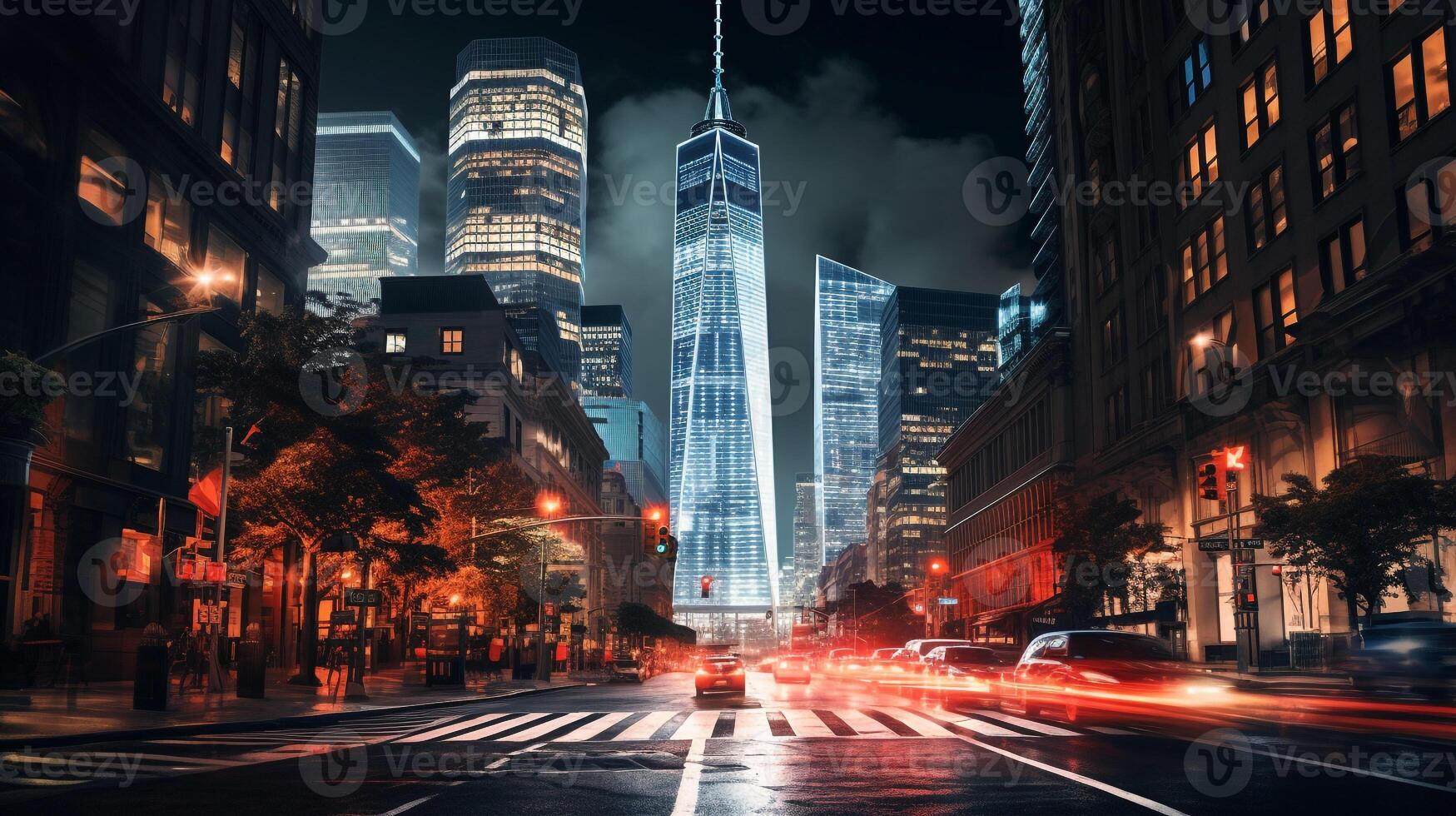 Night view of One World Trade Center. Generative AI photo