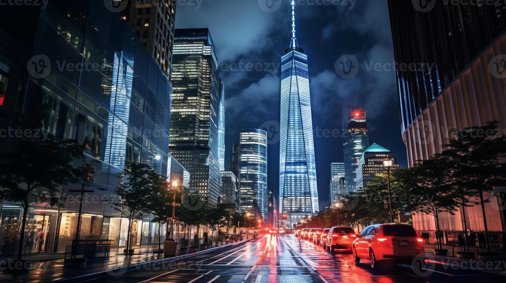 Night view of One World Trade Center. Generative AI photo